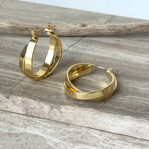 NEW~ Anthropologie Cross Over Double Gold Hoop Earrings